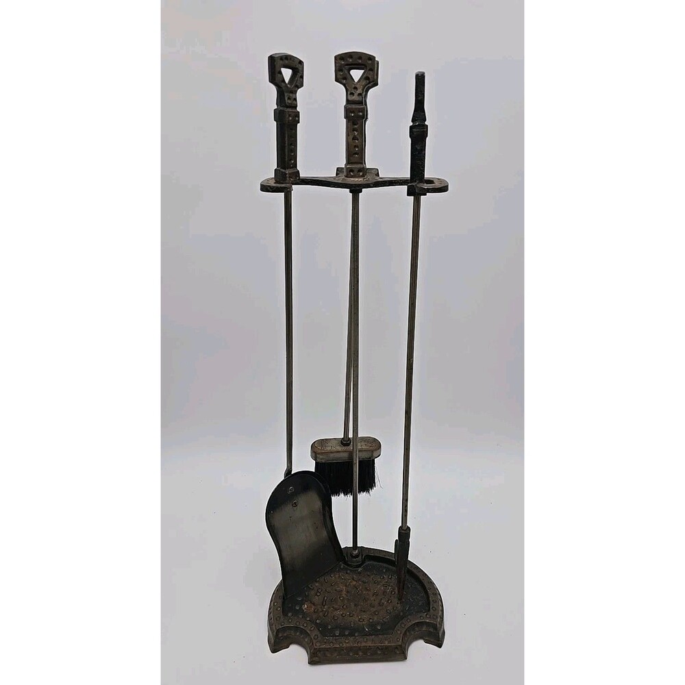Mid-Century Midevil Vibe Bronze Fireplace Tool Set Poker, Shovel, Broom, Stand